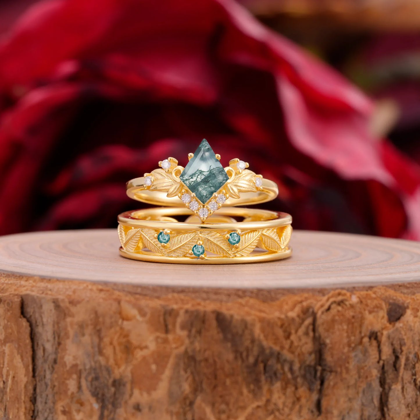 Nature-Inspired 4-Prong Kite-Cut Moss Agate Engagement Couple Rings