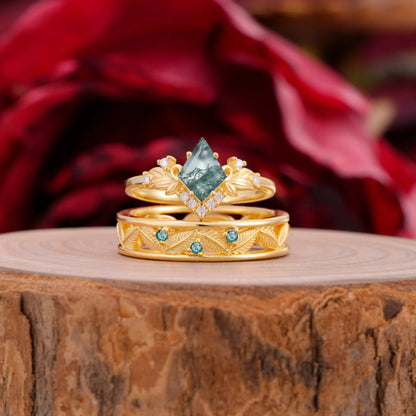 Nature-Inspired 4-Prong Kite-Cut Moss Agate Engagement Couple Rings