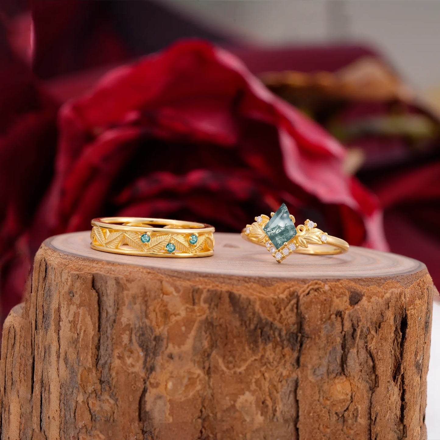 Nature-Inspired 4-Prong Kite-Cut Moss Agate Engagement Couple Rings