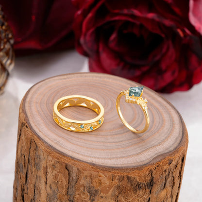 Nature-Inspired 4-Prong Kite-Cut Moss Agate Engagement Couple Rings