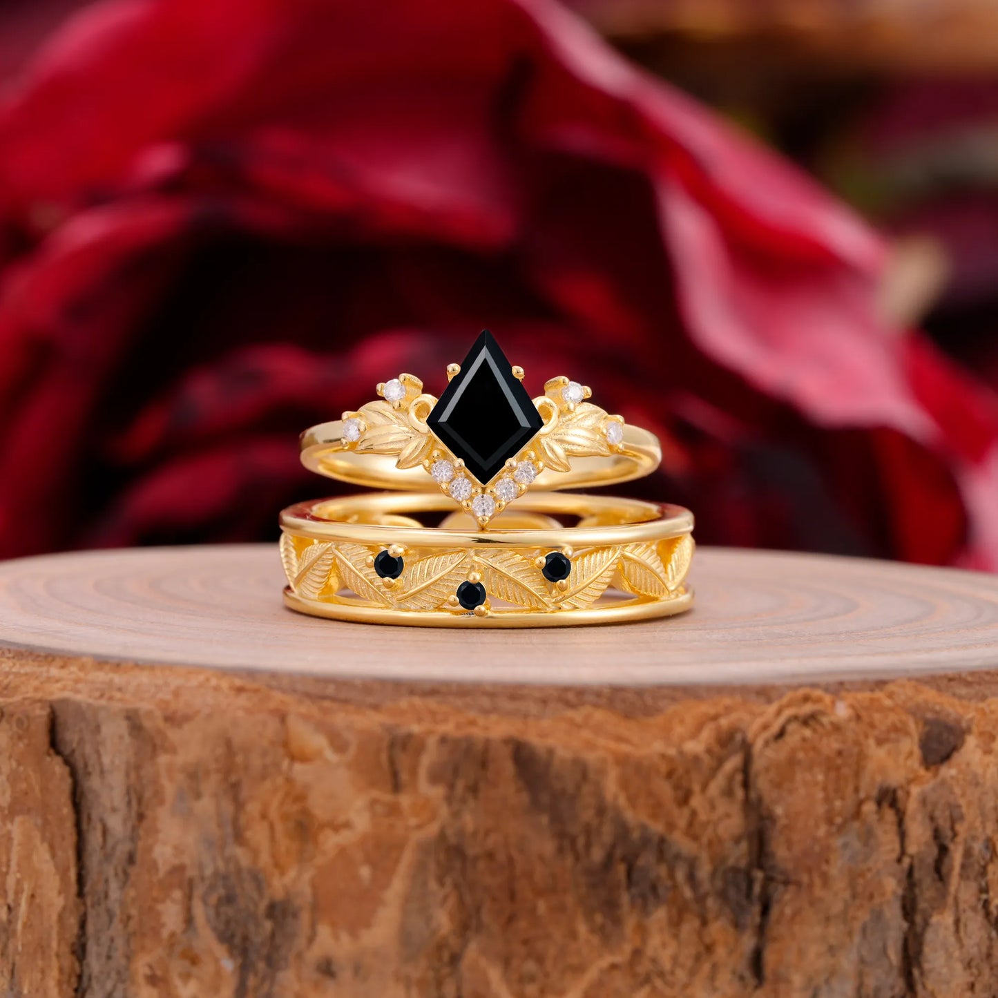 Nature-Inspired 4-Prong Kite-Cut Black Onyx Engagement Couple Rings