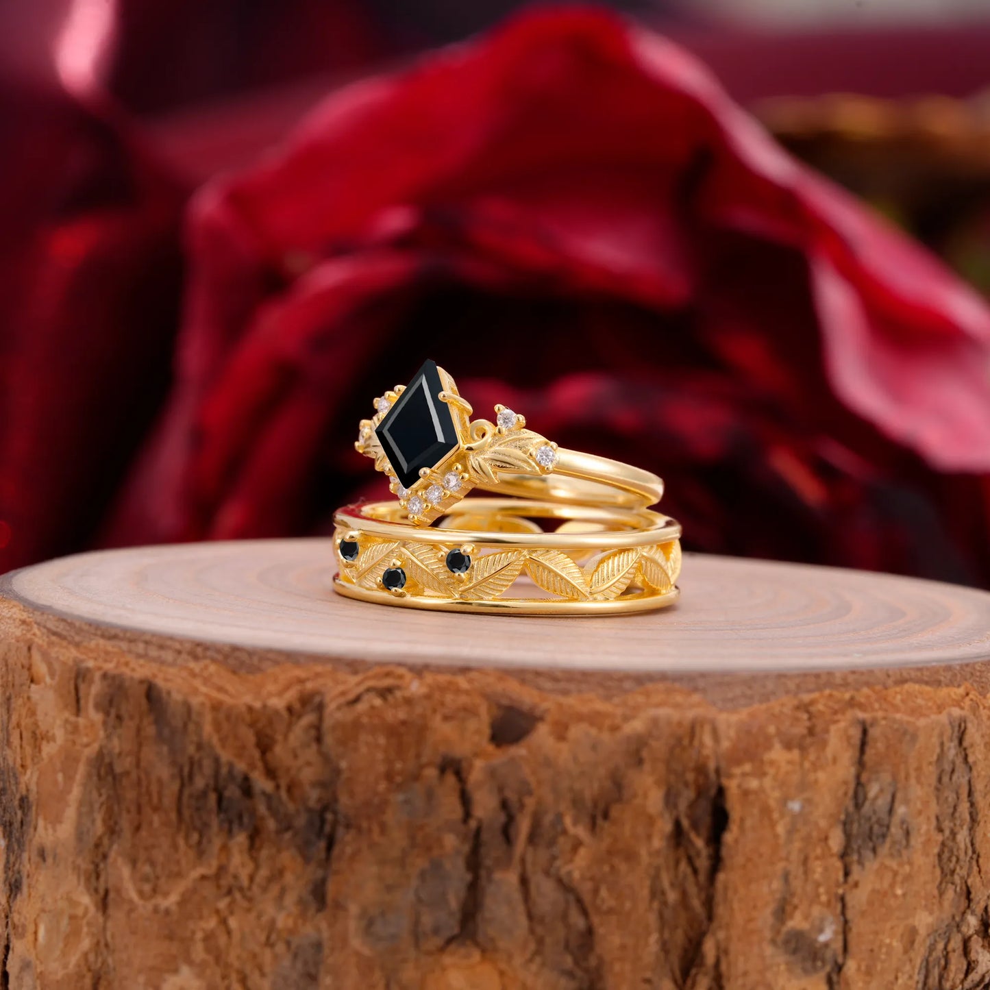 Nature-Inspired 4-Prong Kite-Cut Black Onyx Engagement Couple Rings