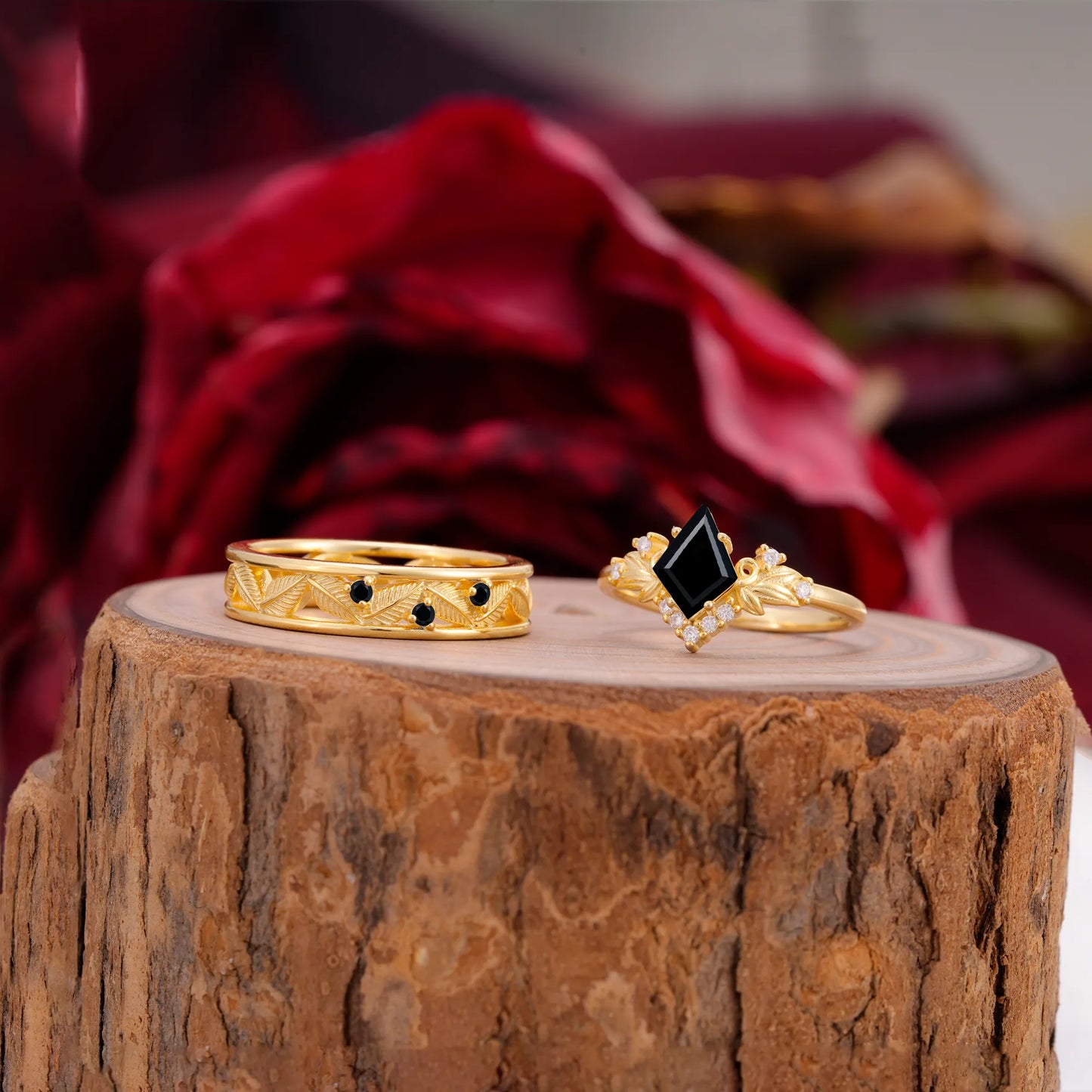 Nature-Inspired 4-Prong Kite-Cut Black Onyx Engagement Couple Rings