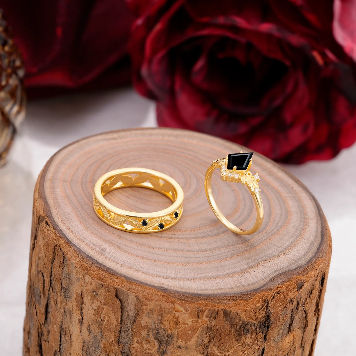 Nature-Inspired 4-Prong Kite-Cut Black Onyx Engagement Couple Rings
