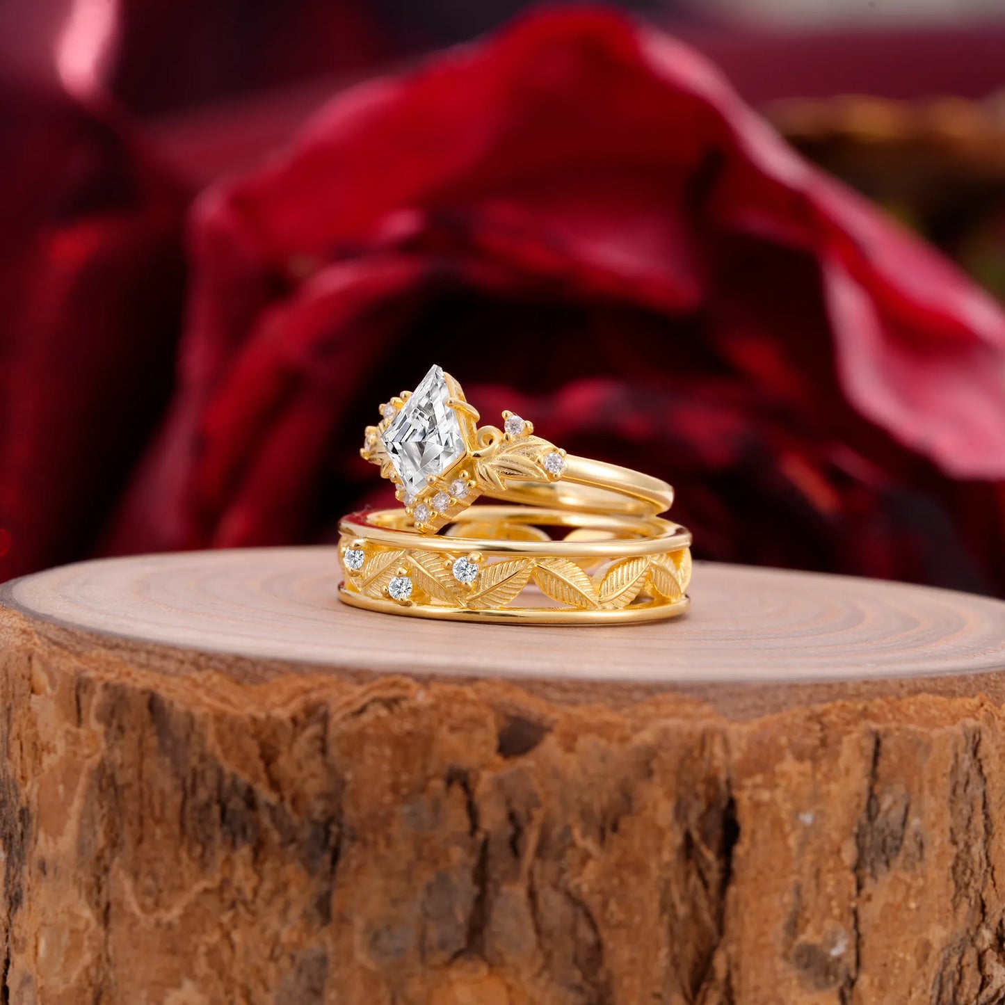 Nature-Inspired 4-Prong Kite-Cut Lab Diamond Engagement Couple Rings