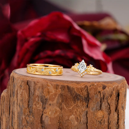 Nature-Inspired 4-Prong Kite-Cut Lab Diamond Engagement Couple Rings