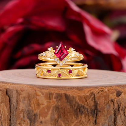 Nature-Inspired  4-Prong Kite-Cut Ruby Engagement Couple Rings