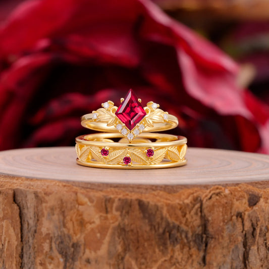 Nature-Inspired  4-Prong Kite-Cut Ruby Engagement Couple Rings