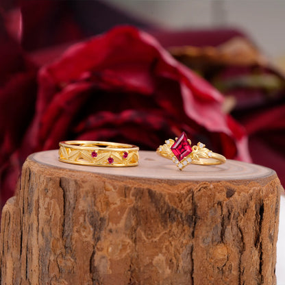 Nature-Inspired  4-Prong Kite-Cut Ruby Engagement Couple Rings