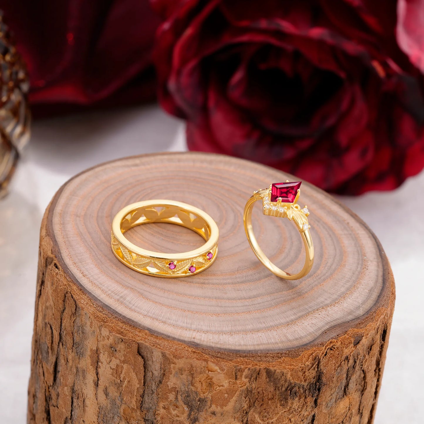 Nature-Inspired  4-Prong Kite-Cut Ruby Engagement Couple Rings