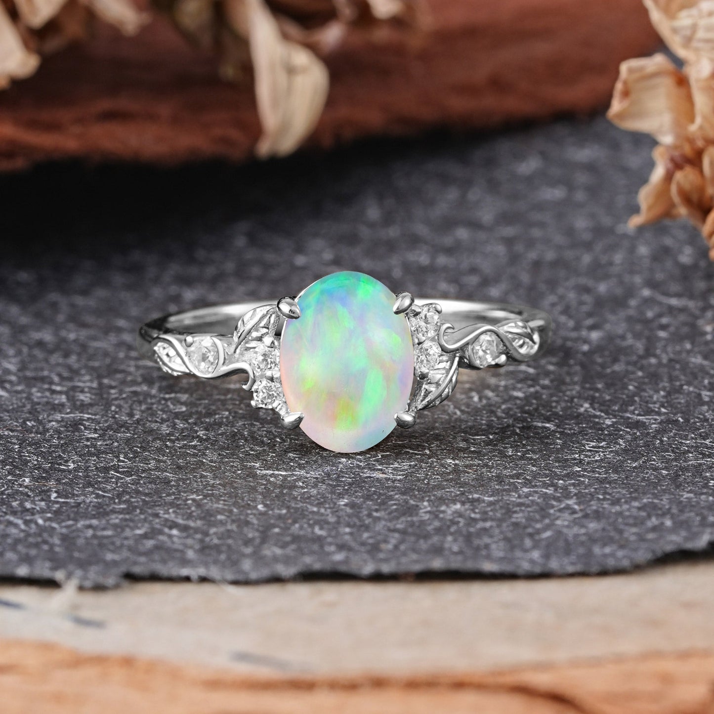 Retro Nature-Inspired 4-Prong Oval-Cut Opal Engagement Ring