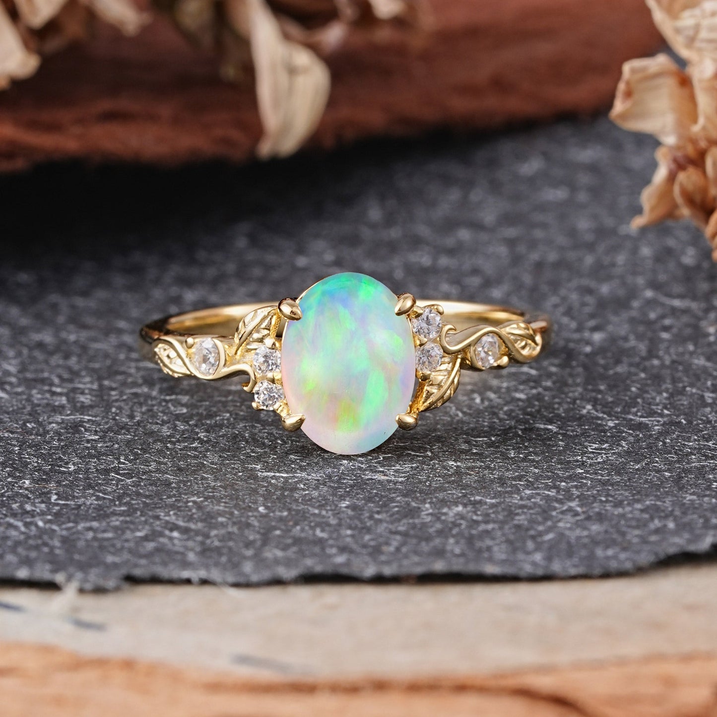 Retro Nature-Inspired 4-Prong Oval-Cut Opal Engagement Ring