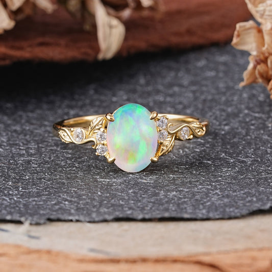 Retro Nature-Inspired 4-Prong Oval-Cut Opal Engagement Ring