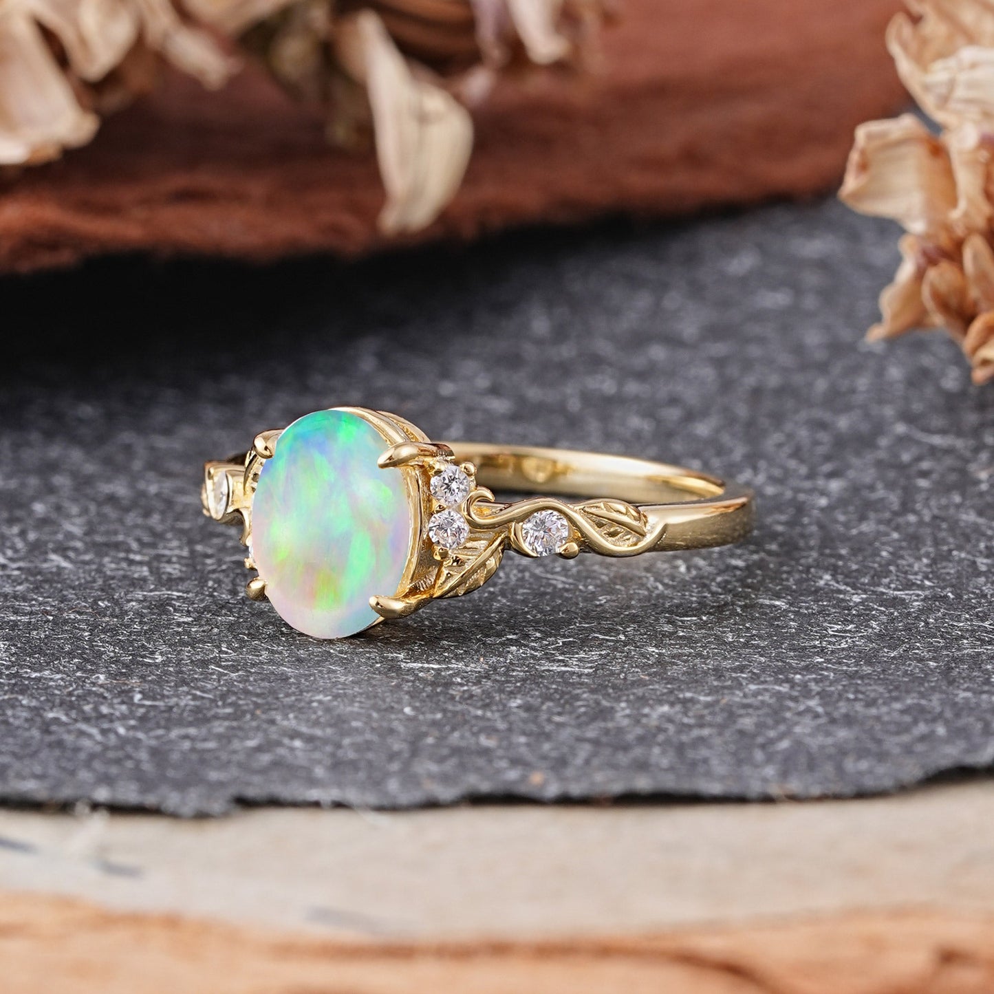 Retro Nature-Inspired 4-Prong Oval-Cut Opal Engagement Ring