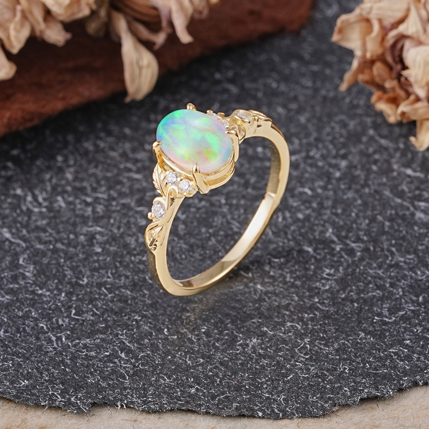 Retro Nature-Inspired 4-Prong Oval-Cut Opal Engagement Ring