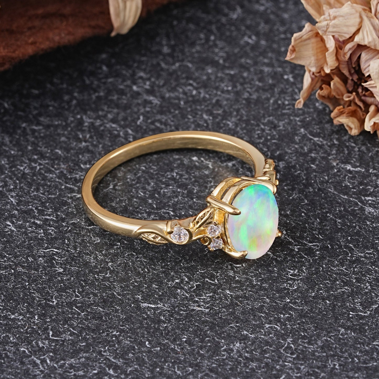 Retro Nature-Inspired 4-Prong Oval-Cut Opal Engagement Ring