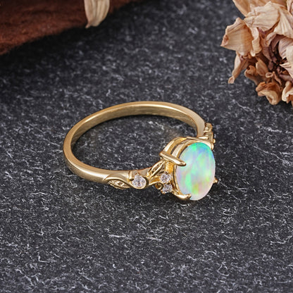 Retro Nature-Inspired 4-Prong Oval-Cut Opal Engagement Ring