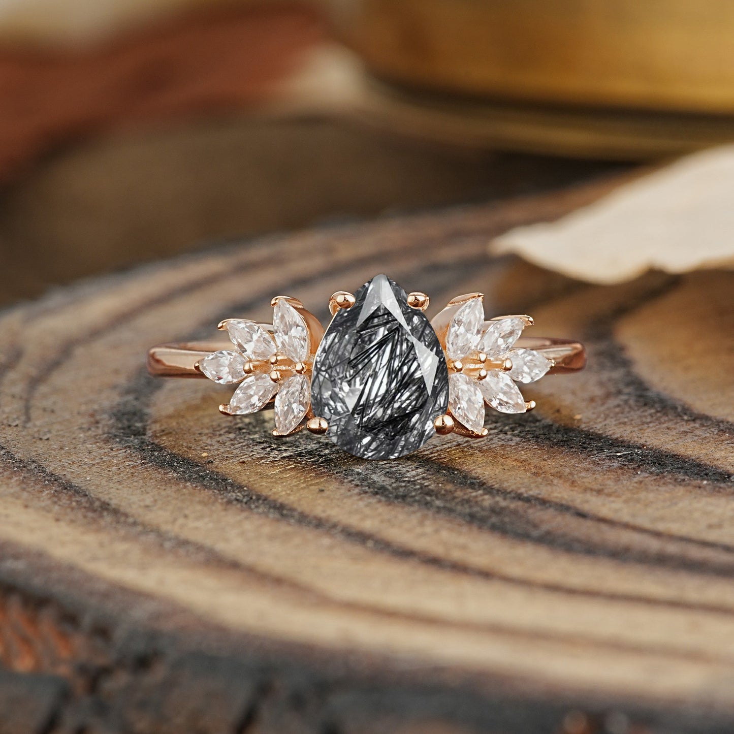 Vintage Floral Pear Cut Black Rutilated Quartz Engagement Ring