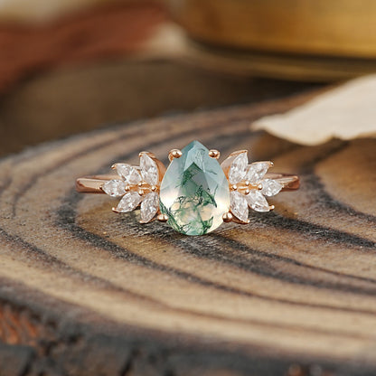 Vintage Floral Pear Cut Moss Agate Engagement Ring