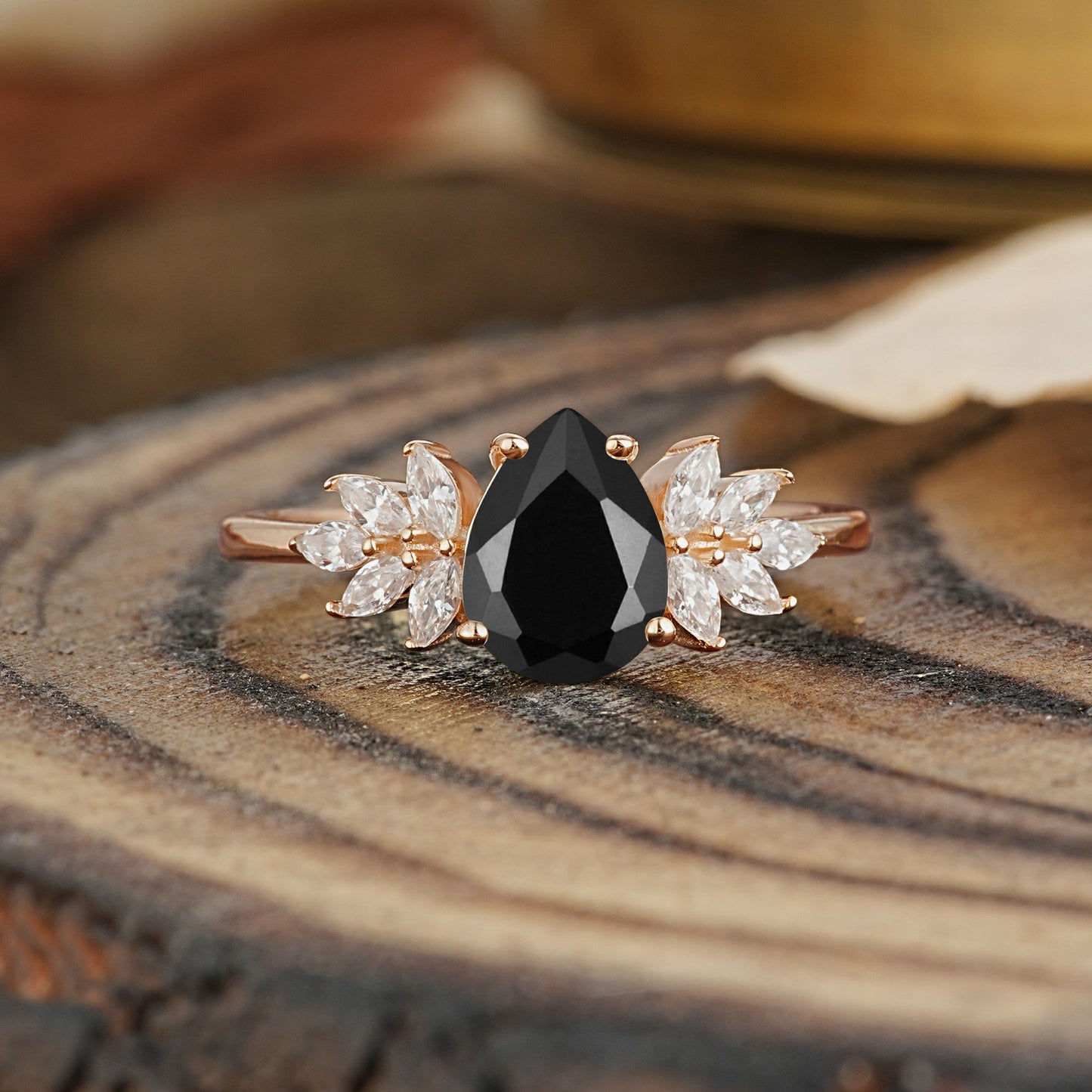 Vintage Floral Pear Cut Black Onyx Engagement Ring