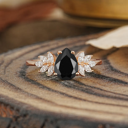Vintage Floral Pear Cut Black Onyx Engagement Ring