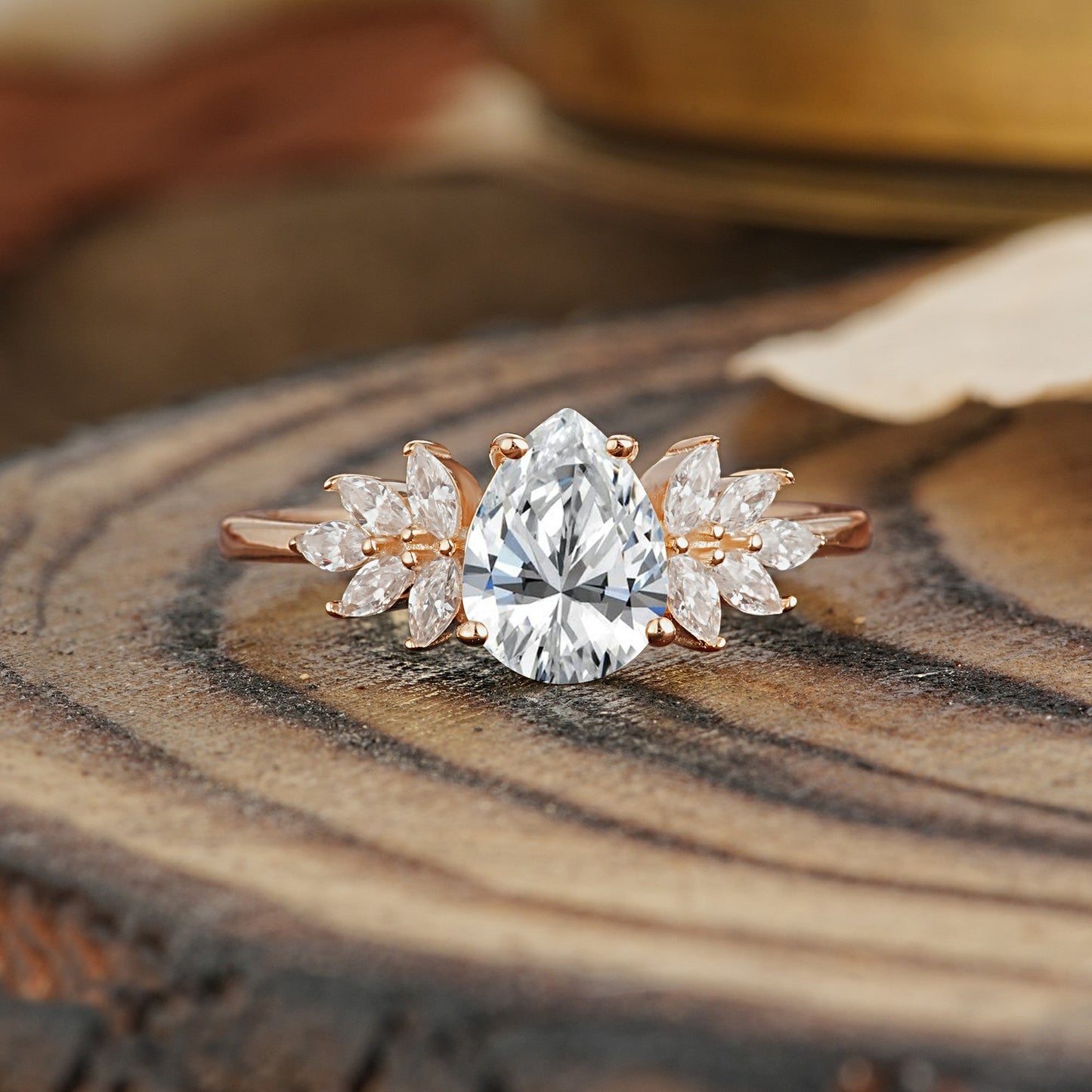 Vintage Floral Pear Cut Lab Diamond Engagement Ring