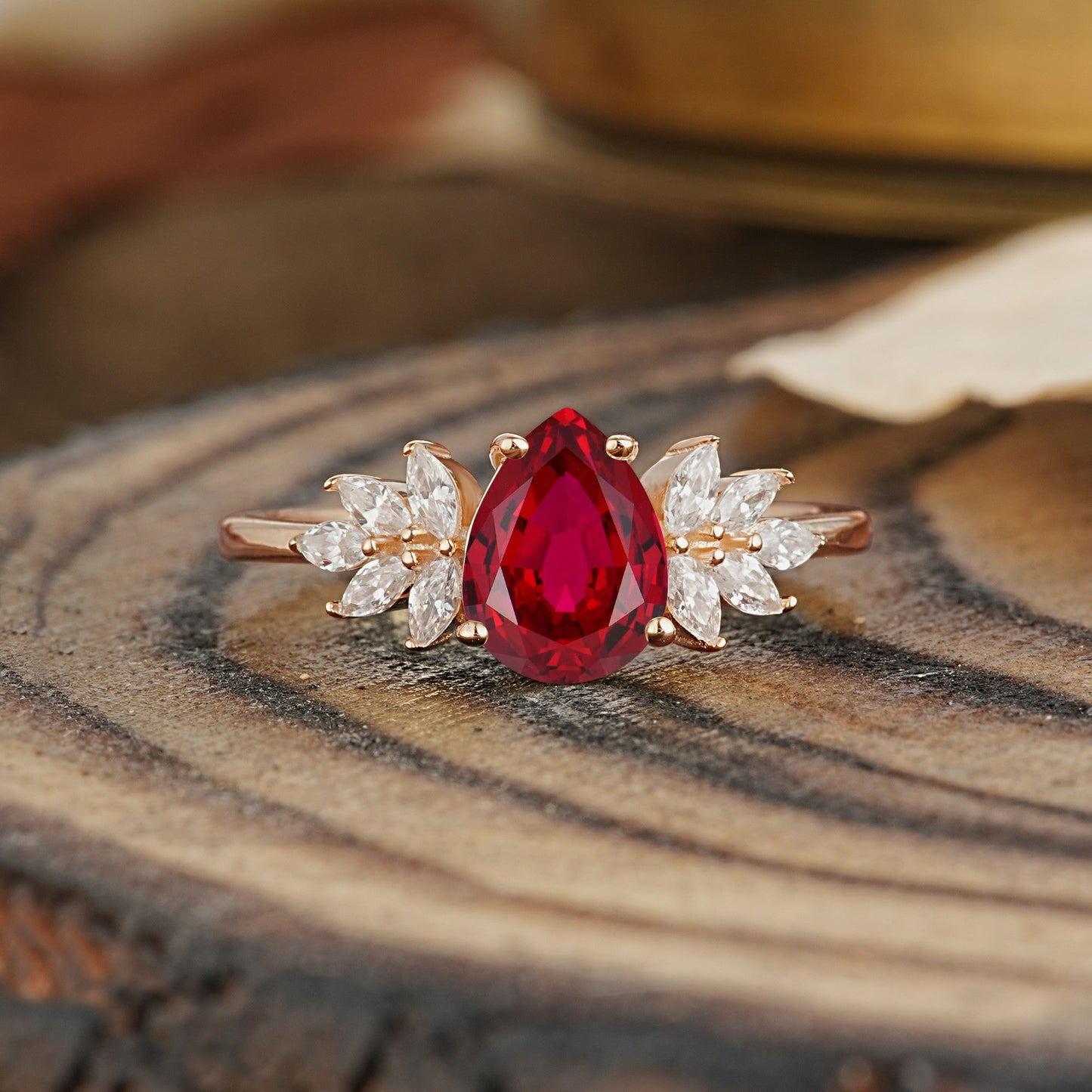 Vintage Floral Pear Cut Ruby Engagement Ring