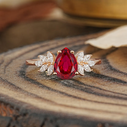 Vintage Floral Pear Cut Ruby Engagement Ring