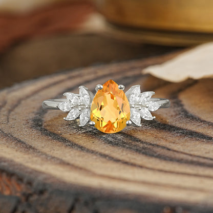 Vintage Floral Pear Cut Citrine Engagement Ring