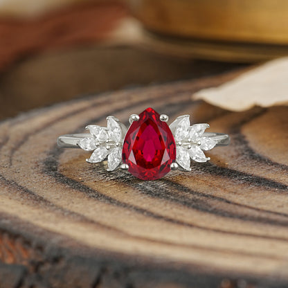 Vintage Floral Pear Cut Ruby Engagement Ring