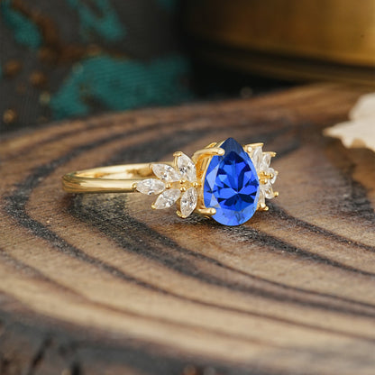 Vintage Floral Pear Cut Sapphire Engagement Ring
