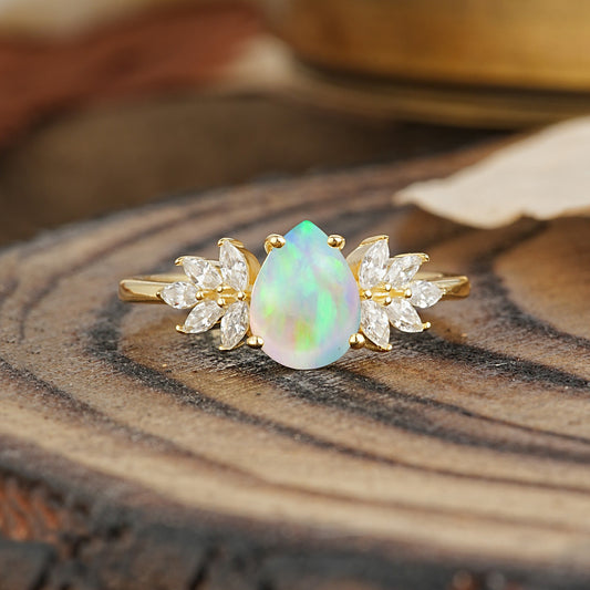Vintage Floral Pear Cut Fire Opal Engagement Ring