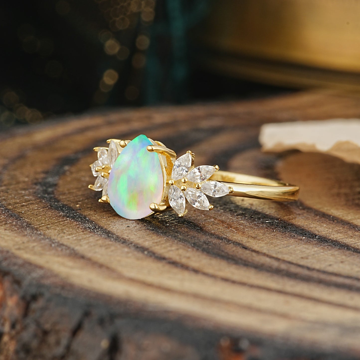 Vintage Floral Pear Cut Fire Opal Engagement Ring