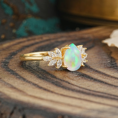 Vintage Floral Pear Cut Fire Opal Engagement Ring