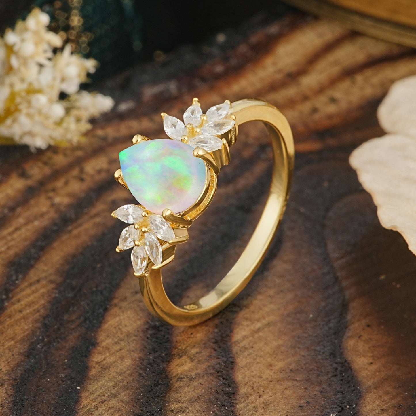 Vintage Floral Pear Cut Fire Opal Engagement Ring