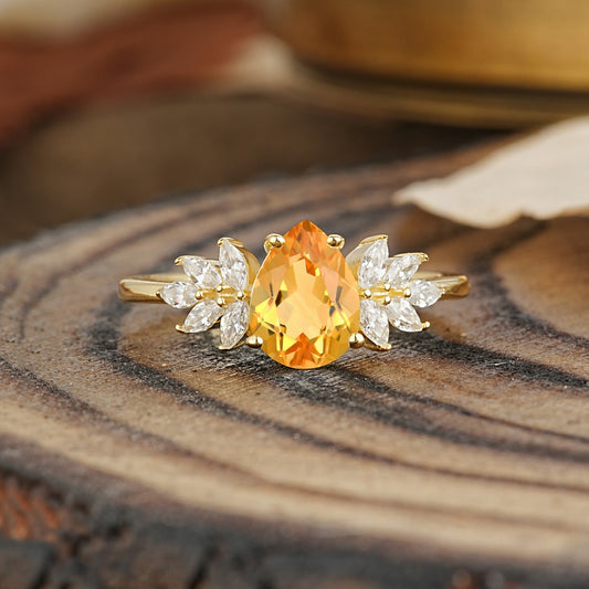 Vintage Floral Pear Cut Citrine Engagement Ring