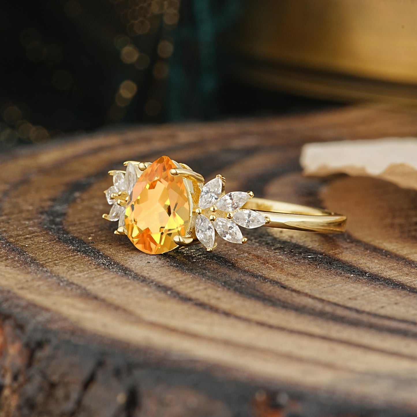 Vintage Floral Pear Cut Citrine Engagement Ring