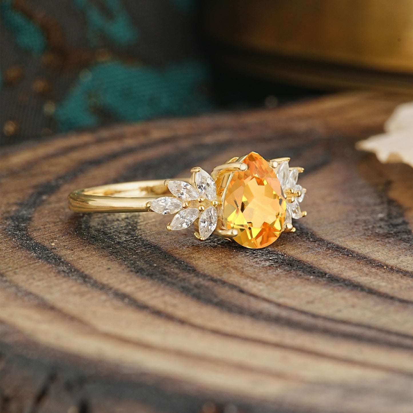 Vintage Floral Pear Cut Citrine Engagement Ring