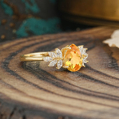 Vintage Floral Pear Cut Citrine Engagement Ring