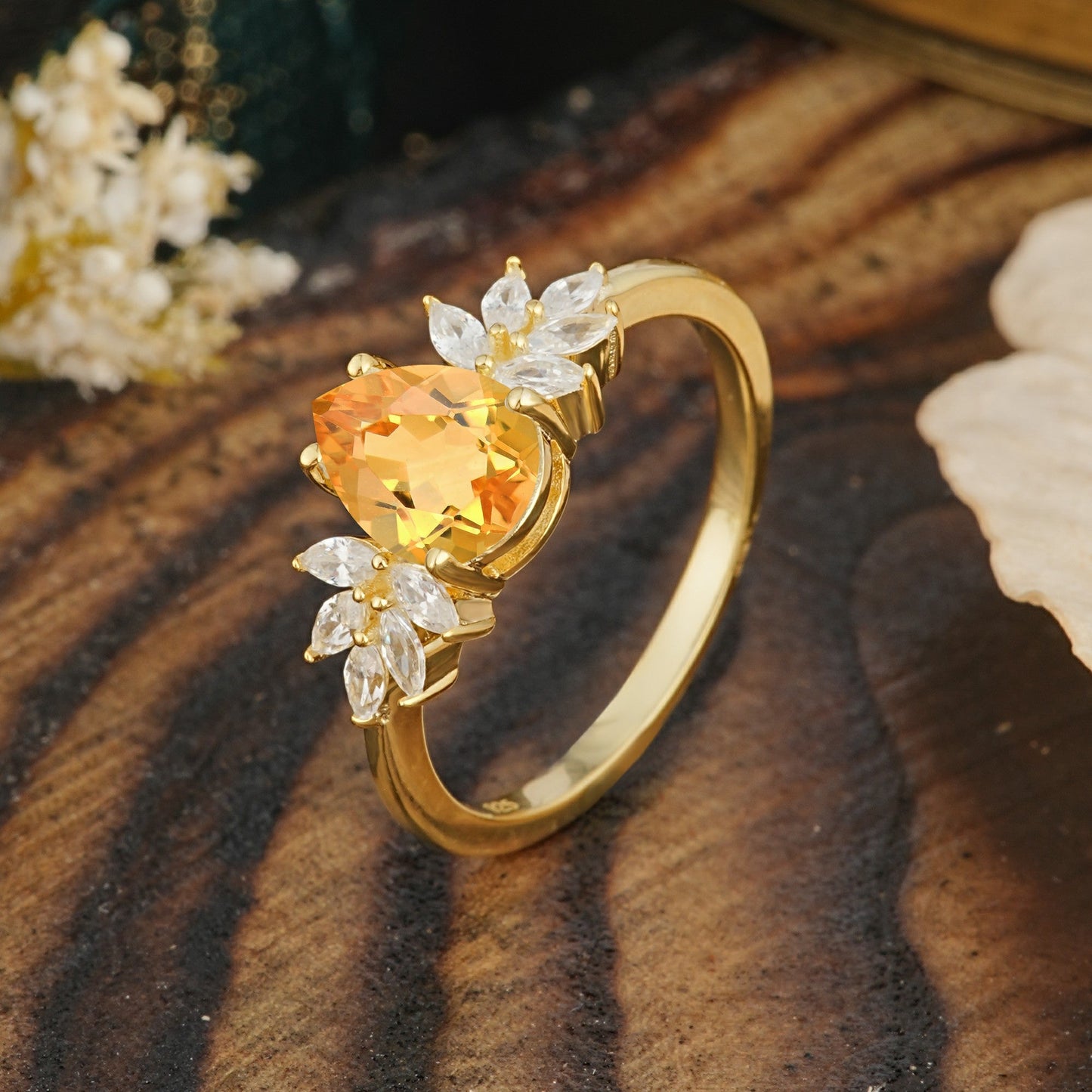 Vintage Floral Pear Cut Citrine Engagement Ring