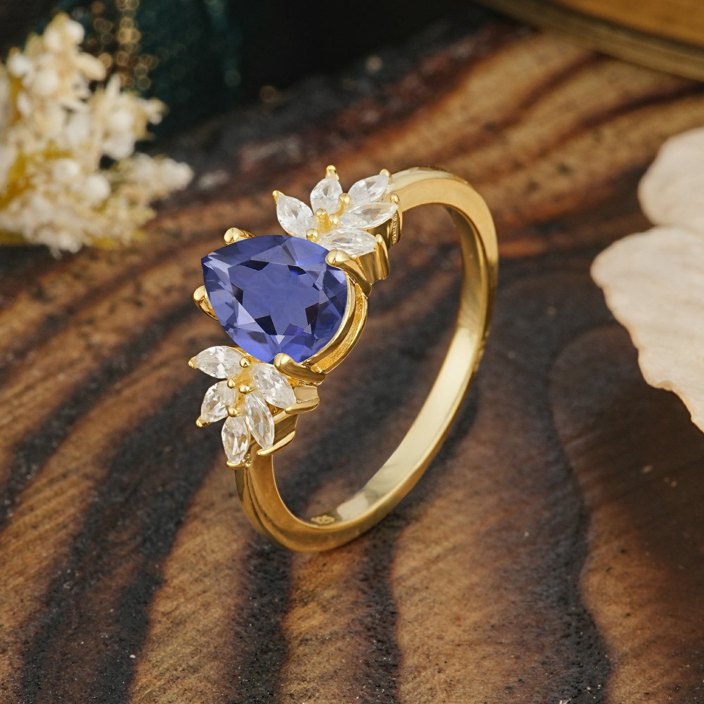 Vintage Floral Pear Cut Tanzanite Engagement Ring