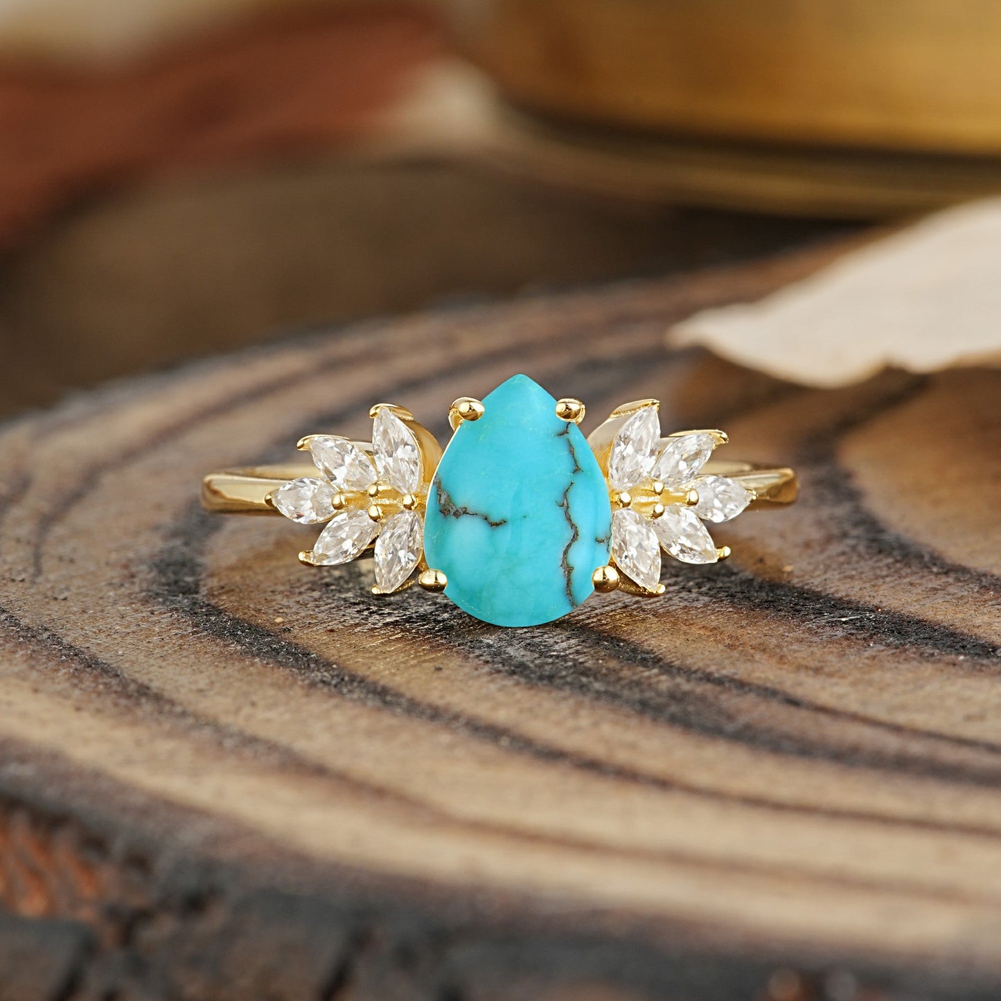 Vintage Floral Pear Cut Turquoise Engagement Ring
