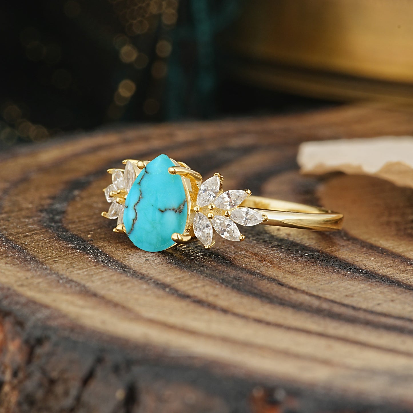 Vintage Floral Pear Cut Turquoise Engagement Ring