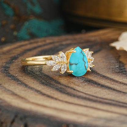 Vintage Floral Pear Cut Turquoise Engagement Ring
