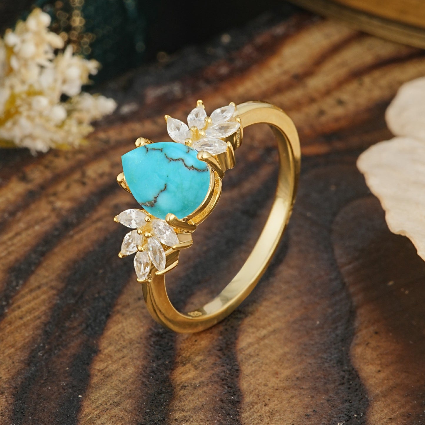 Vintage Floral Pear Cut Turquoise Engagement Ring
