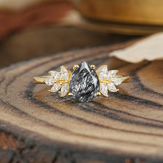 Vintage Floral Pear Cut Black Rutilated Quartz Engagement Ring
