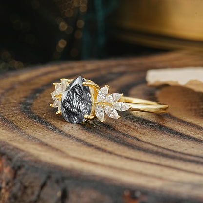 Vintage Floral Pear Cut Black Rutilated Quartz Engagement Ring