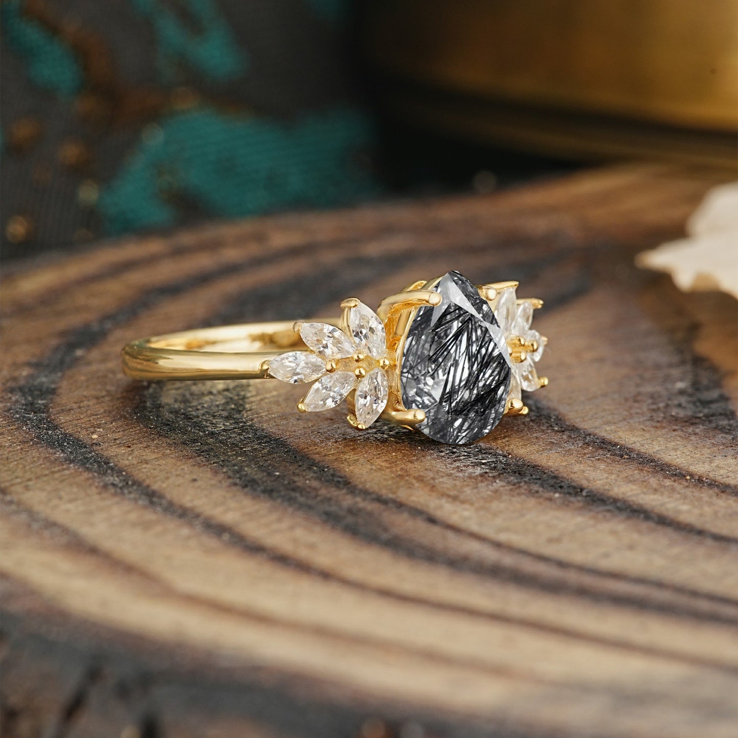 Vintage Floral Pear Cut Black Rutilated Quartz Engagement Ring
