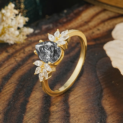 Vintage Floral Pear Cut Black Rutilated Quartz Engagement Ring