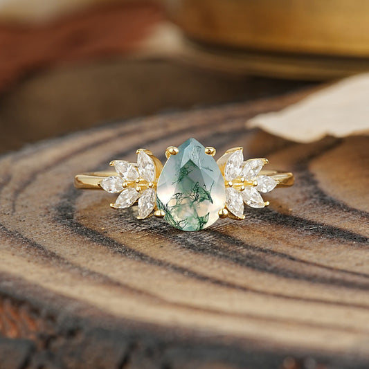 Vintage Floral Pear Cut Moss Agate Engagement Ring
